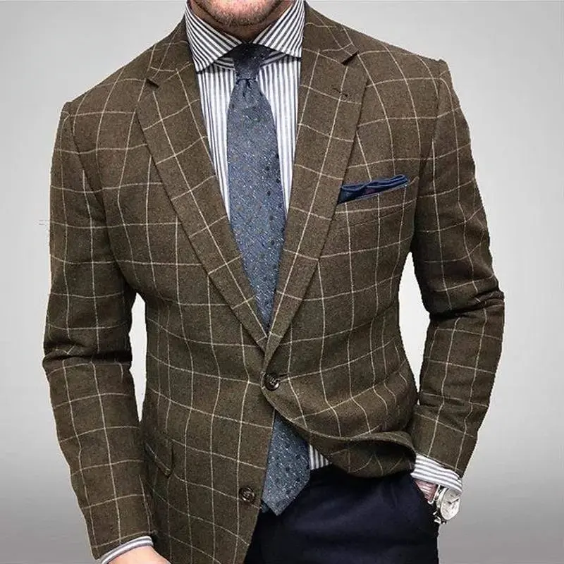 New Men's Slim Fit Plaid Suit Jacket 2023 Autumn Winter Blazers Men Vintage Single-Breasted Long Sleeve Turn-down Collar Blazers