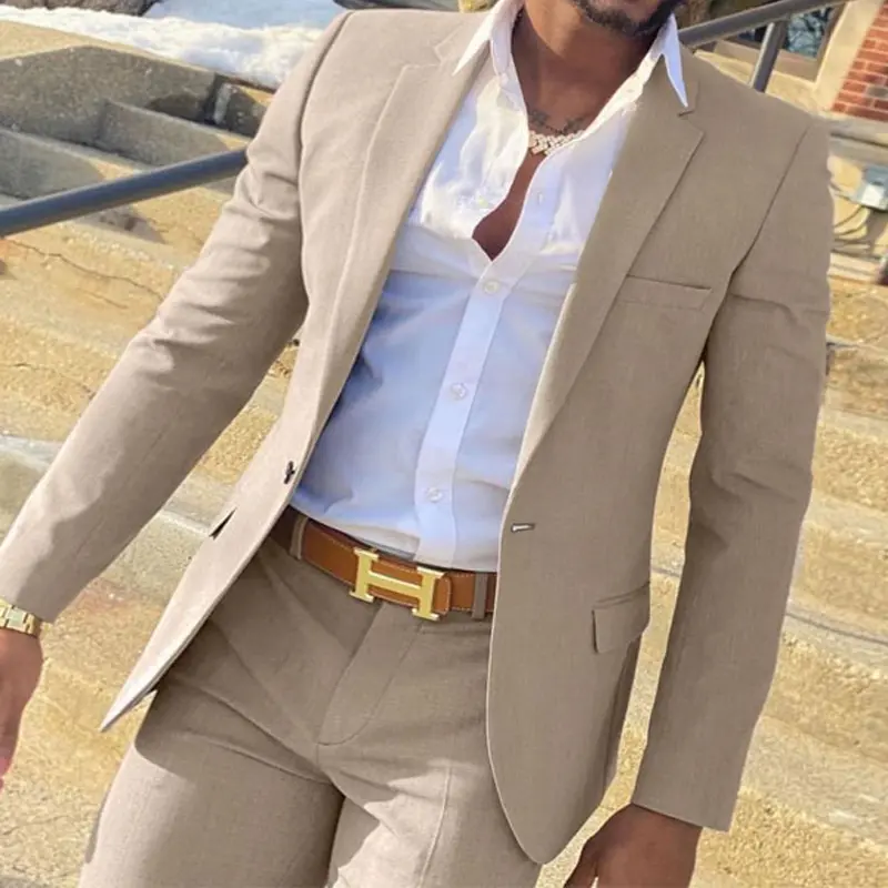 Slim Fit Gentlemen Suits for Men 2 Piece Beige Wedding Groom Tuxedo Male Fashion Smoking Costume Jacket with Pants 2023