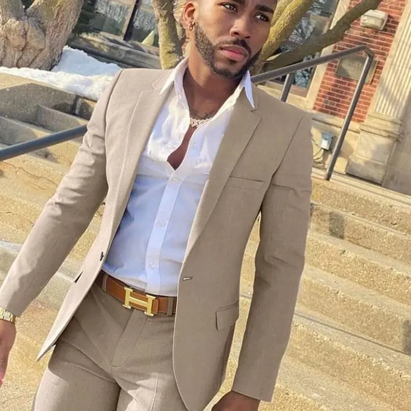 Slim Fit Gentlemen Suits for Men 2 Piece Beige Wedding Groom Tuxedo Male Fashion Smoking Costume Jacket with Pants 2023