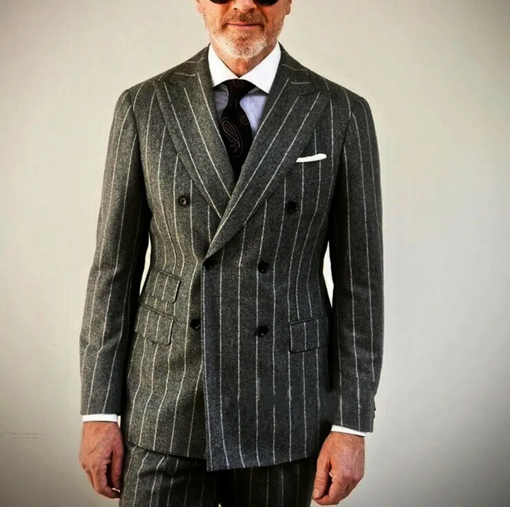 Grey Striped Male Suit Double Breasted Blazer Groom Tuxedos for Men Slim Fit 2-Piece Formal Business Men Clothing Costume Homme
