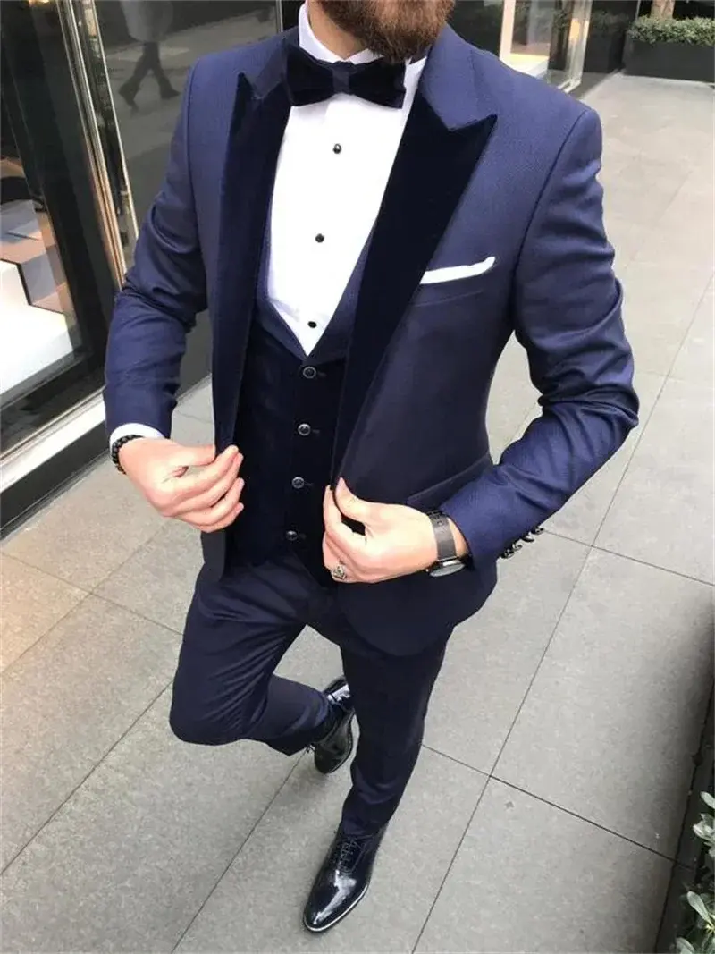 2024 Fashion Blue Formal Men Suit Wedding Groom Tuxedo Prom Slim Fit Blazer Hombre High Quality Custom 3 Piece Set Costume Homme