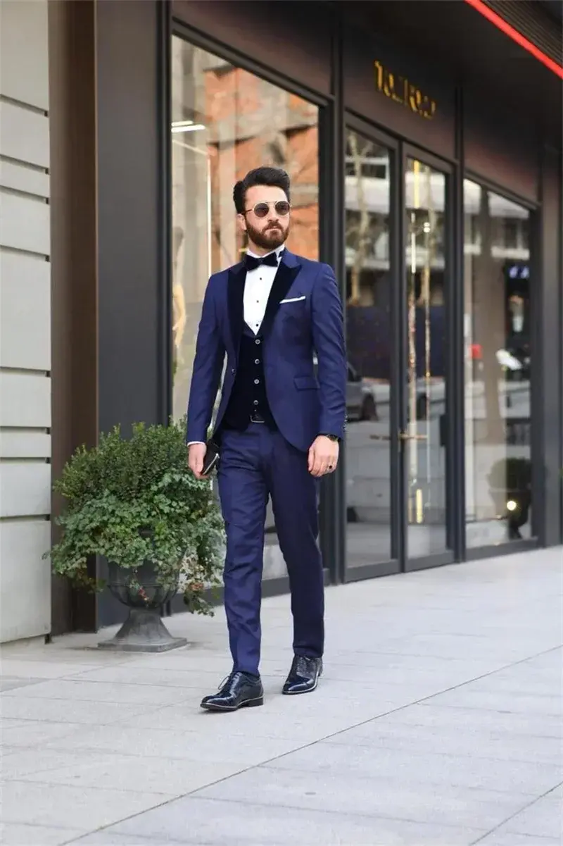 2024 Fashion Blue Formal Men Suit Wedding Groom Tuxedo Prom Slim Fit Blazer Hombre High Quality Custom 3 Piece Set Costume Homme