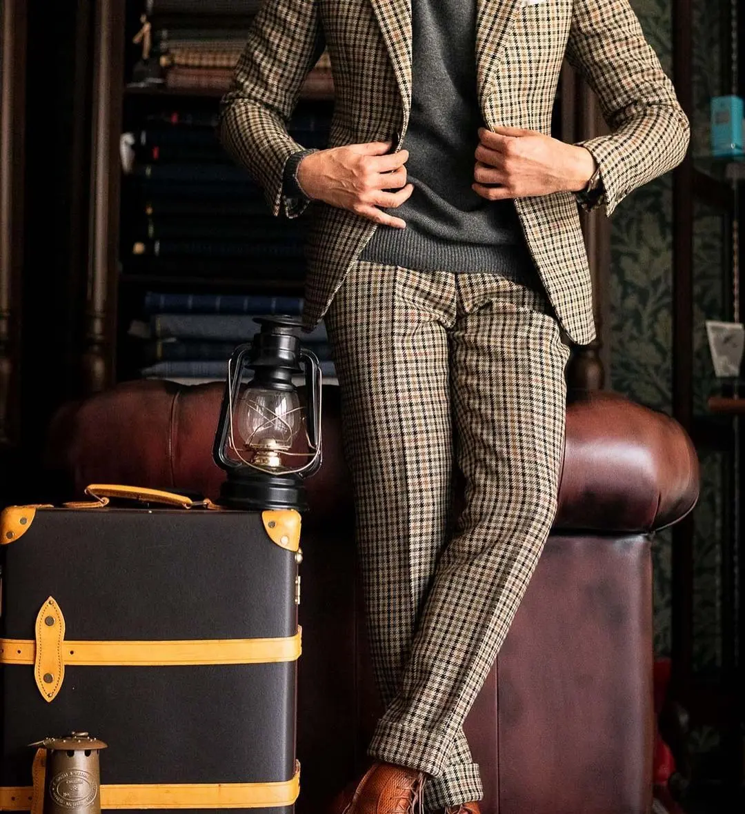 Tailored Burgundy Black Green Small Square Thousand Bird Man‘s Suit Set Outfit Notch Lapel Blazer Trousers 2pcs Jacket Pants