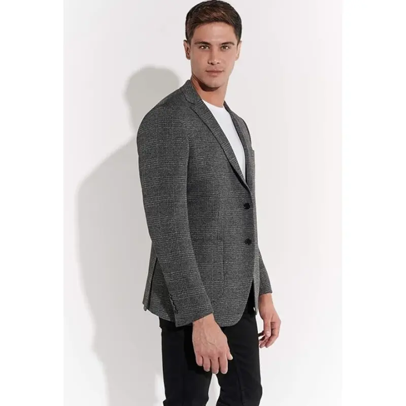 "Men's Custom Tailored Suit Jacket - Premium Grey Checkered Blazer - Slim Fit Stretch Comfort - Formal & Business Wear - Wedding