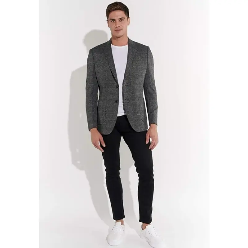 "Men's Custom Tailored Suit Jacket - Premium Grey Checkered Blazer - Slim Fit Stretch Comfort - Formal & Business Wear - Wedding