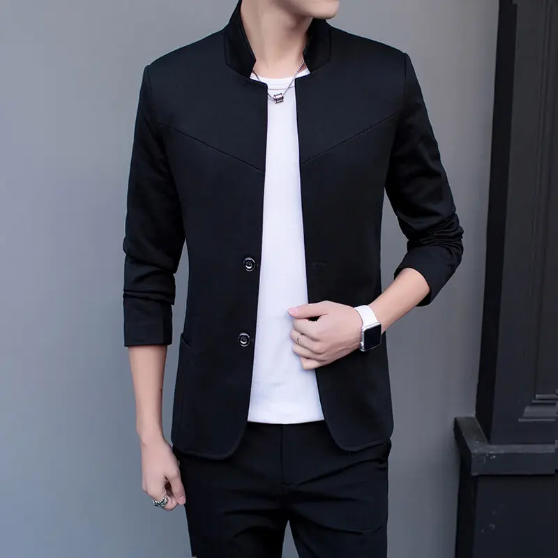 Korean-style versatile two-button coat, men's stand-up collar suit, casual top, slim Zhongshan style, single Western trend