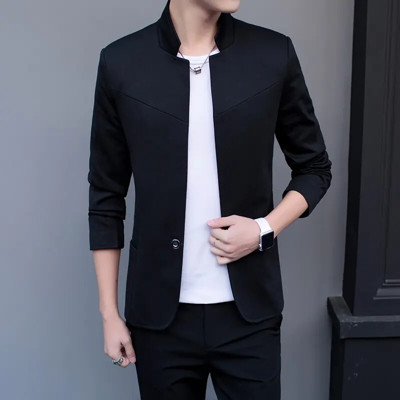Korean-style versatile two-button coat, men's stand-up collar suit, casual top, slim Zhongshan style, single Western trend