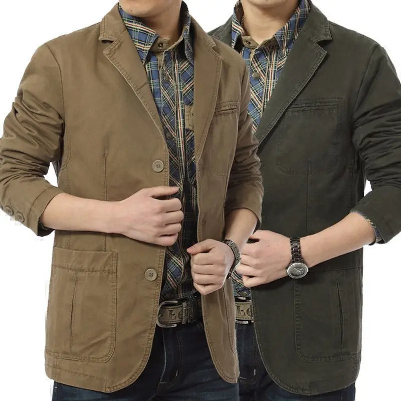 Men's Vintage Casual Washed Cotton 3 Buttons Twill Suit Jacket Sport Coat Blazer Spring Autumn