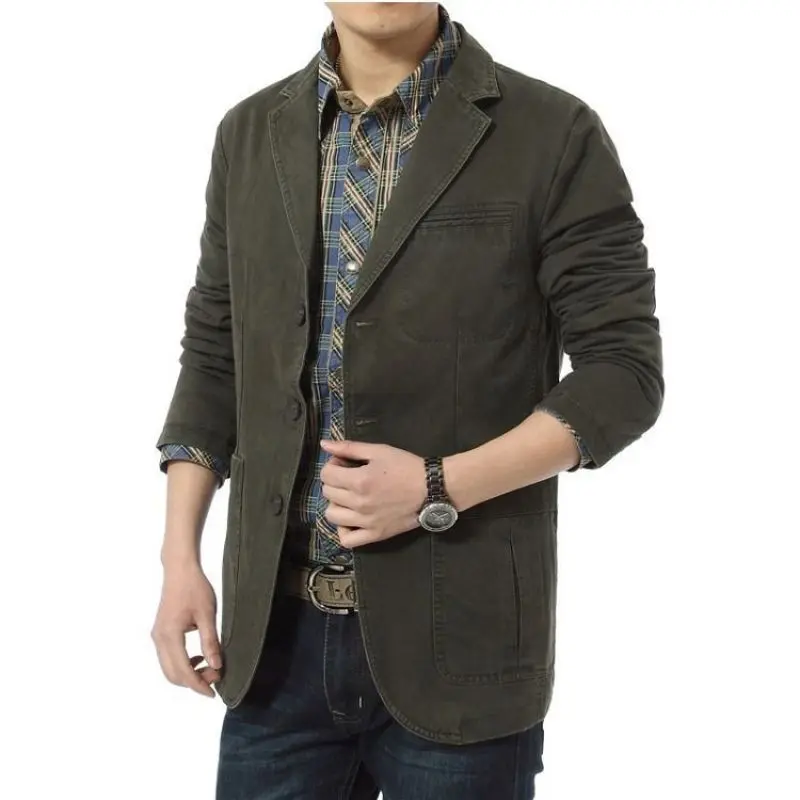 Men's Vintage Casual Washed Cotton 3 Buttons Twill Suit Jacket Sport Coat Blazer Spring Autumn