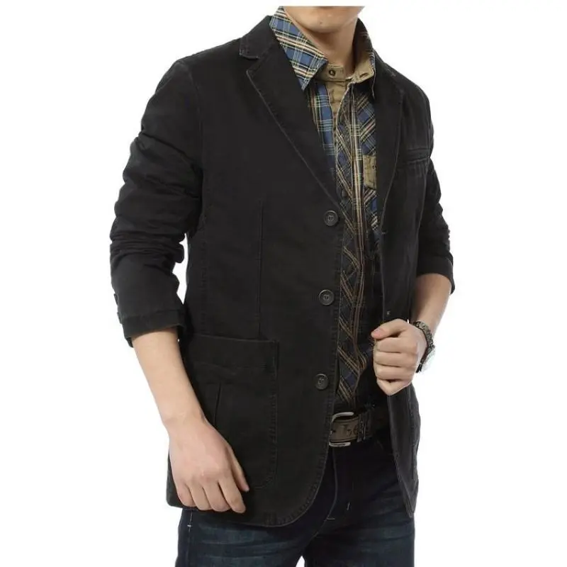Men's Vintage Casual Washed Cotton 3 Buttons Twill Suit Jacket Sport Coat Blazer Spring Autumn