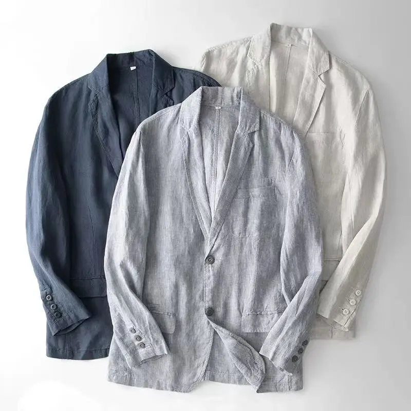2025 Summer New Men's Linen Casual Suit Coat Solid Color Lightweight Breathable Luxury Cotton Hemp Top 100% Linen Fabric