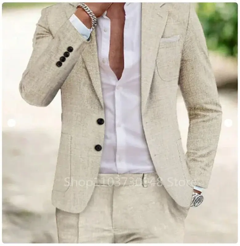 2 Pieces Linen Men Suits for Summer Beach Notch Lapel Slim Fit Two Buttons Groom Tuxedo Sets Blazer with Pants Custom Made