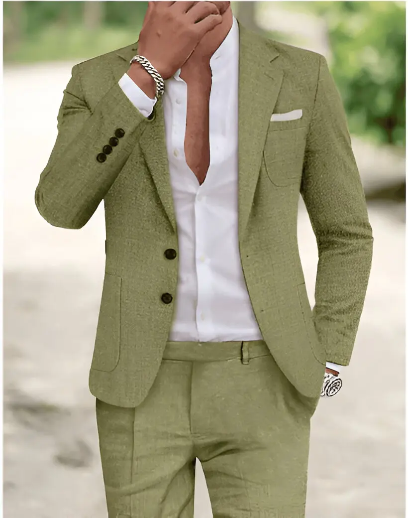 2 Pieces Linen Men Suits for Summer Beach Notch Lapel Slim Fit Two Buttons Groom Tuxedo Sets Blazer with Pants Custom Made