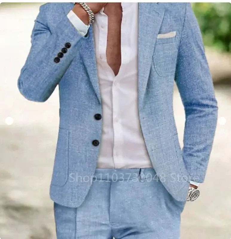 2 Pieces Linen Men Suits for Summer Beach Notch Lapel Slim Fit Two Buttons Groom Tuxedo Sets Blazer with Pants Custom Made