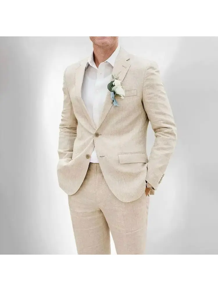 Beige Men's Summer Linen Two Pieces Suit Jacket Pants Notch Lapel Blazer Casual Tuxedos for Wedding Dinner Daily