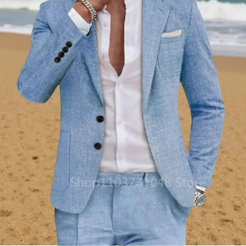 2 Pieces Linen Men Suits for Summer Beach Notch Lapel Slim Fit Two Buttons Groom Tuxedo Sets Blazer with Pants Custom Made