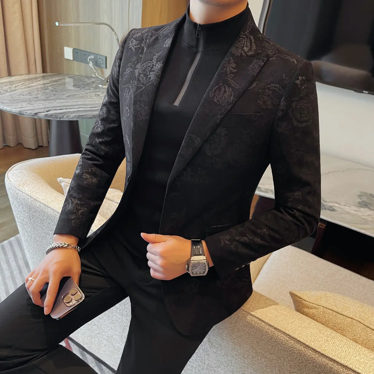 Spring New Blazer Hombre High Quality Business Formal Wear Floral Men Blazers Jacket Slim Fit Single Breasted Casual Suit Coats