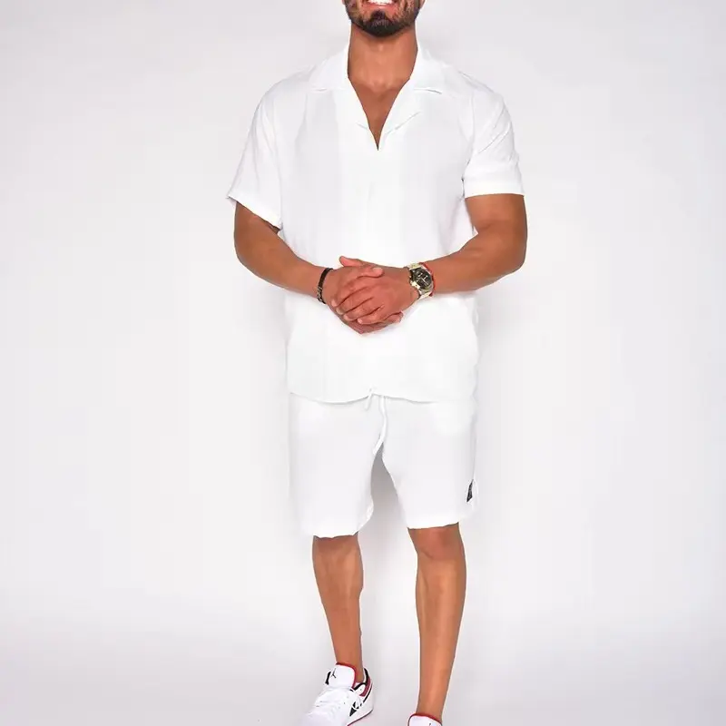 Single Breasted T Shirts Men Sets Short Sleeve Tees Solid Two Pieces Knee Length Shorts Loose Turn Down Collar Button Casual