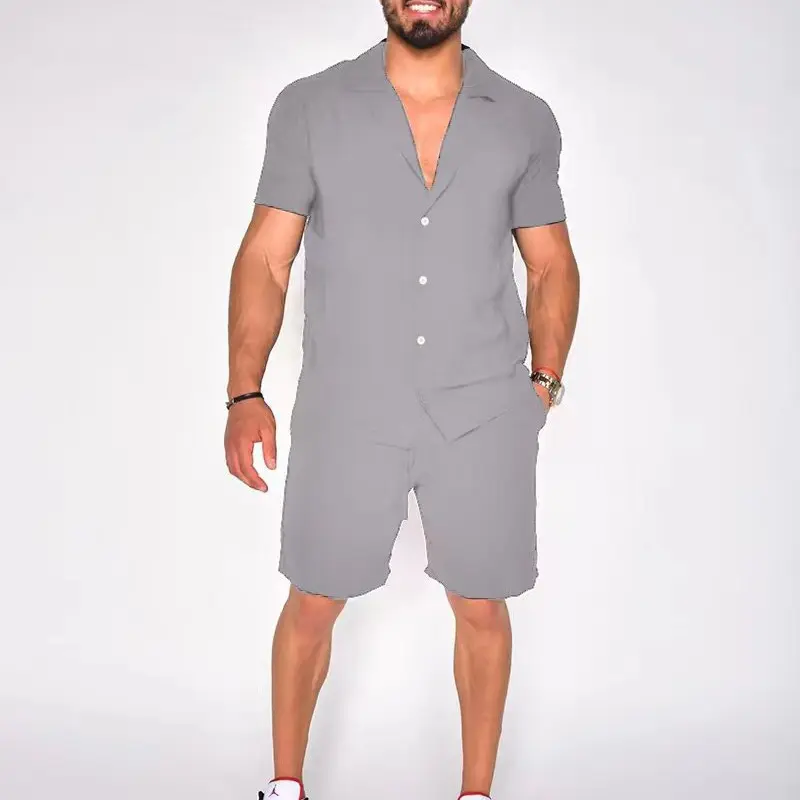 Single Breasted T Shirts Men Sets Short Sleeve Tees Solid Two Pieces Knee Length Shorts Loose Turn Down Collar Button Casual