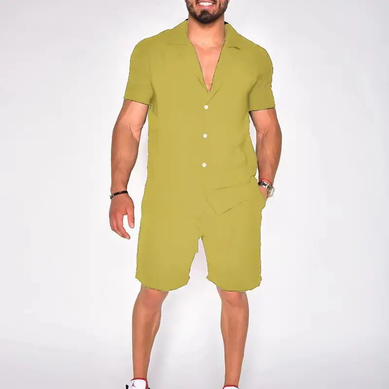 Single Breasted T Shirts Men Sets Short Sleeve Tees Solid Two Pieces Knee Length Shorts Loose Turn Down Collar Button Casual