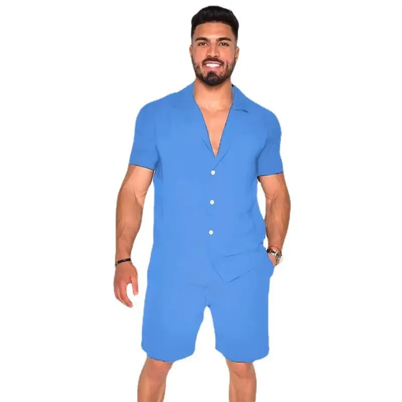Single Breasted T Shirts Men Sets Short Sleeve Tees Solid Two Pieces Knee Length Shorts Loose Turn Down Collar Button Casual