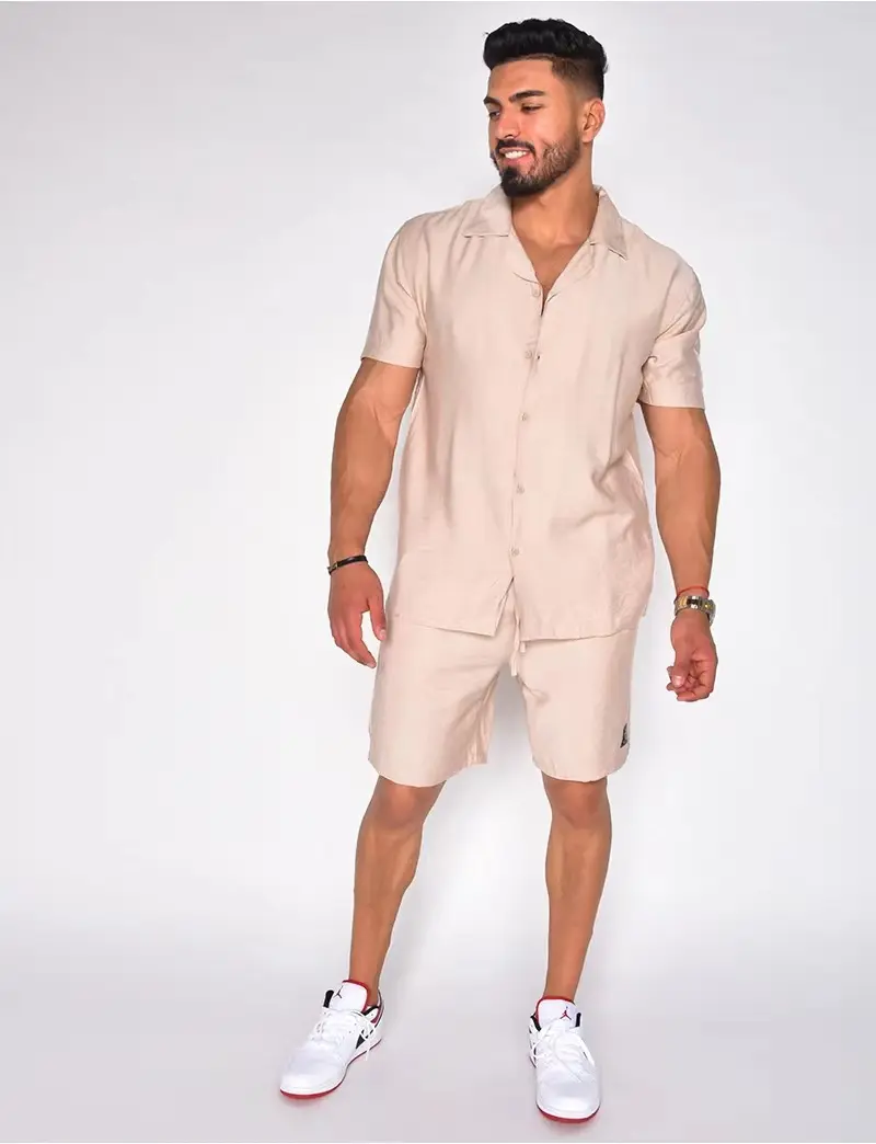 Single Breasted T Shirts Men Sets Short Sleeve Tees Solid Two Pieces Knee Length Shorts Loose Turn Down Collar Button Casual
