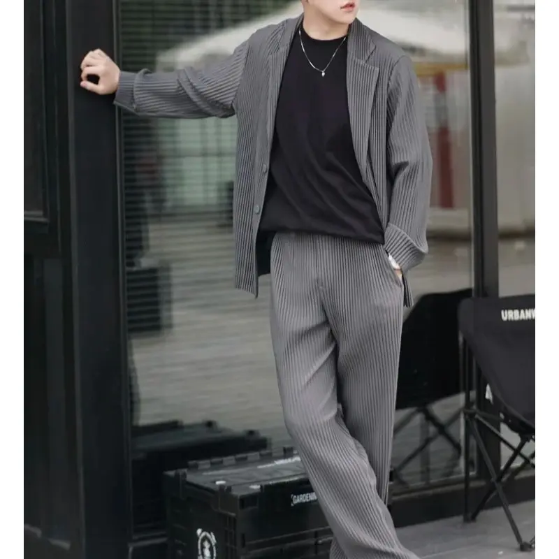 New Miyake Pleated Men Blazer Plisse Jacket Casual Simple Blazers Single Breasted Suit Japanese Stretch Fabric Coat Wrinkle-Free