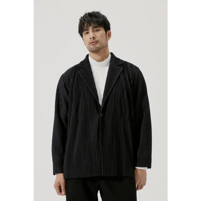 New Miyake Pleated Men Blazer Plisse Jacket Casual Simple Blazers Single Breasted Suit Japanese Stretch Fabric Coat Wrinkle-Free