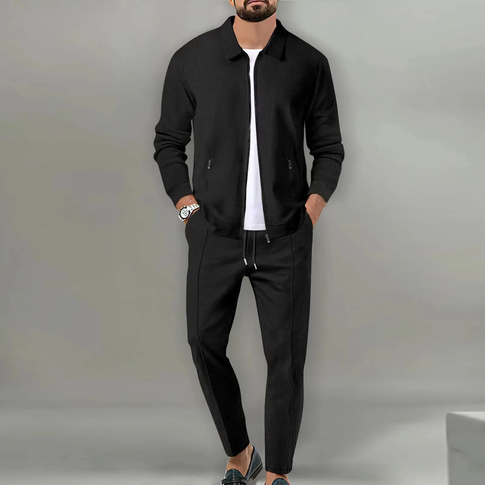 Spring Autumn Men's Two Piece Set Solid Waffle Zipper Pocket Turn-down Collar Slim Fit Cardigan Coat And Long Pants Men's Suits