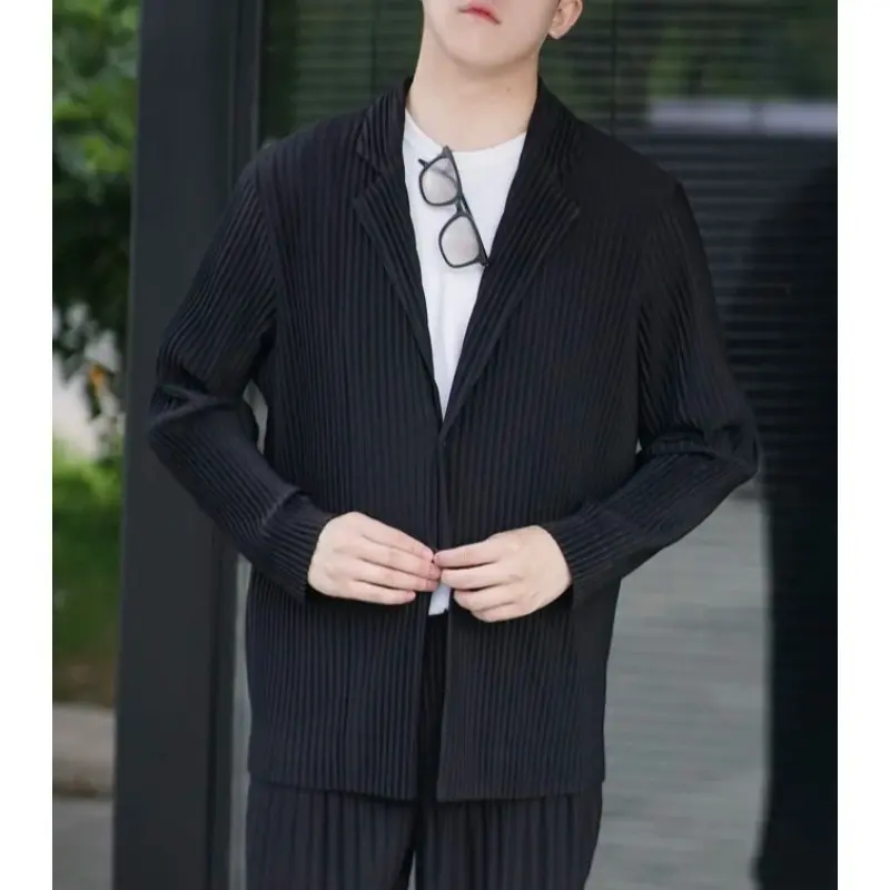 New Miyake Pleated Men Blazer Plisse Jacket Casual Simple Blazers Single Breasted Suit Japanese Stretch Fabric Coat Wrinkle-Free