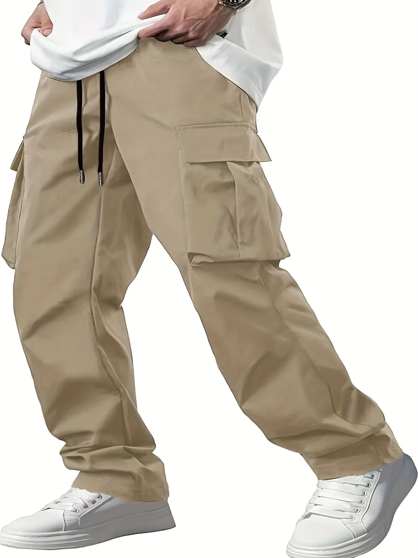 Woven fabric new hot selling solid color casual stock ordinary Men's casual loose straight tube workwear drawstring multi pocket