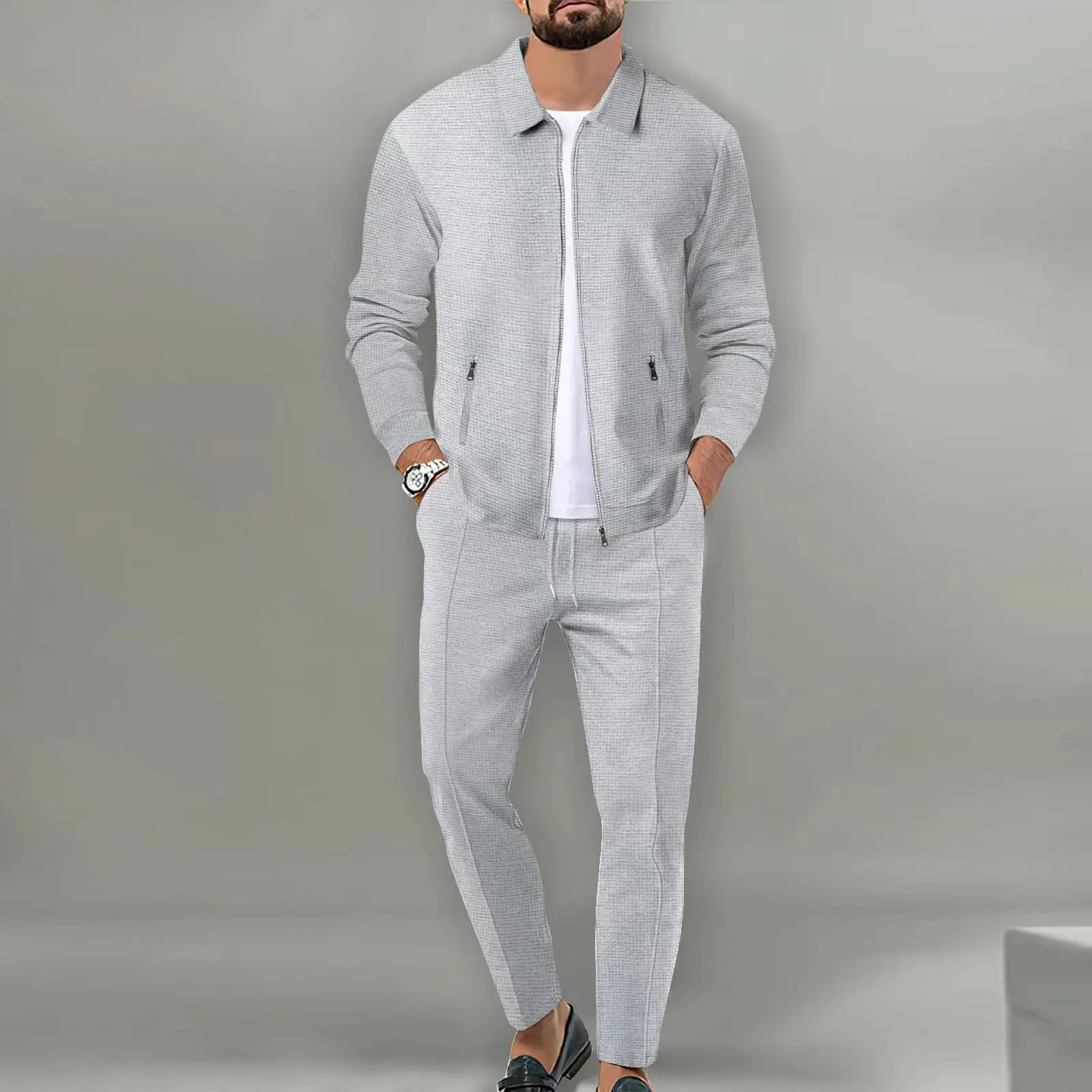 Spring Autumn Men's Two Piece Set Solid Waffle Zipper Pocket Turn-down Collar Slim Fit Cardigan Coat And Long Pants Men's Suits