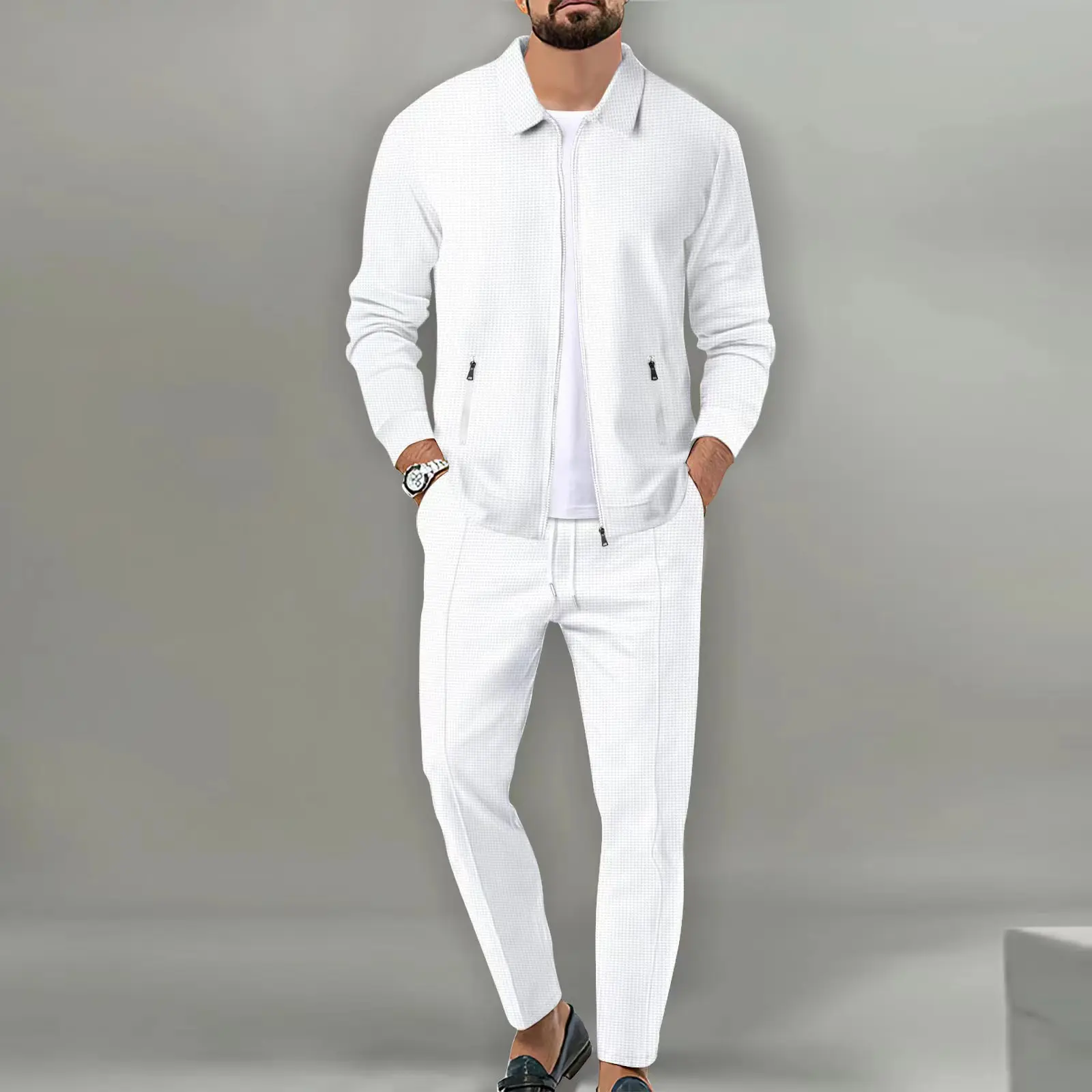 Spring Autumn Men's Two Piece Set Solid Waffle Zipper Pocket Turn-down Collar Slim Fit Cardigan Coat And Long Pants Men's Suits