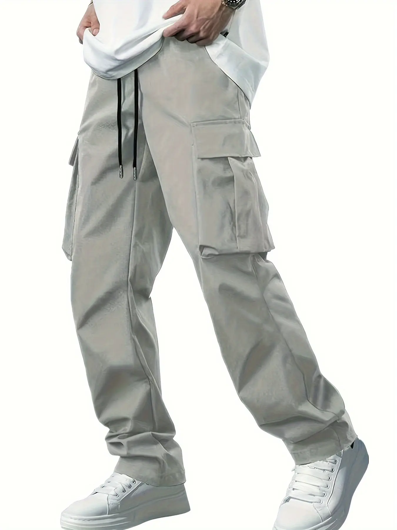 Woven fabric new hot selling solid color casual stock ordinary Men's casual loose straight tube workwear drawstring multi pocket