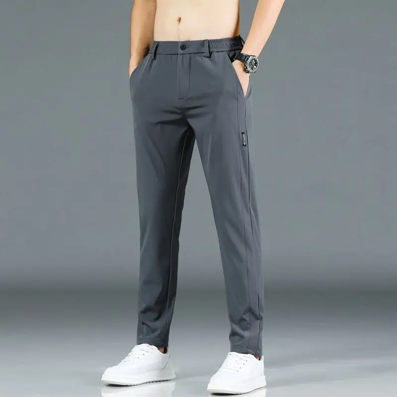 Ice silk men's pants 2025 summer new black gray thin business casual pants outdoor elastic breathable straight leg sports pants