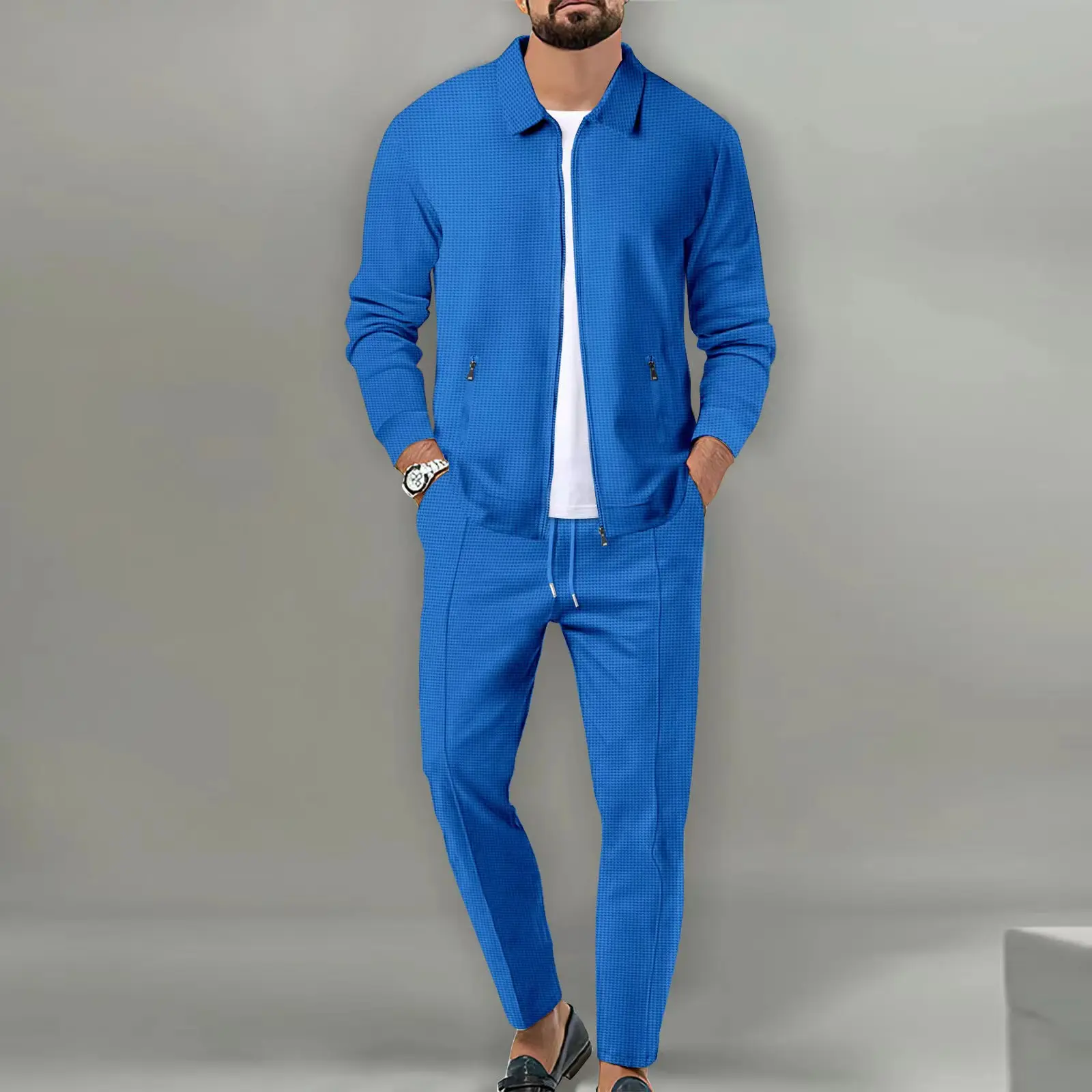 Spring Autumn Men's Two Piece Set Solid Waffle Zipper Pocket Turn-down Collar Slim Fit Cardigan Coat And Long Pants Men's Suits