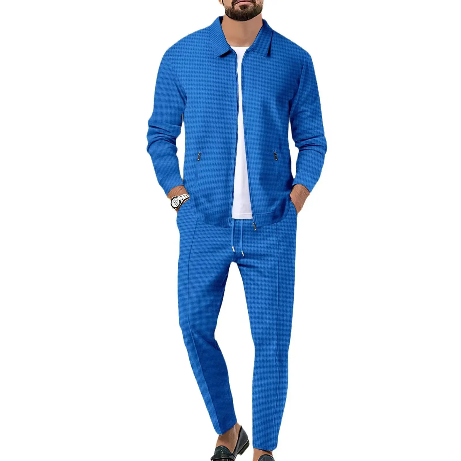 Spring Autumn Men's Two Piece Set Solid Waffle Zipper Pocket Turn-down Collar Slim Fit Cardigan Coat And Long Pants Men's Suits