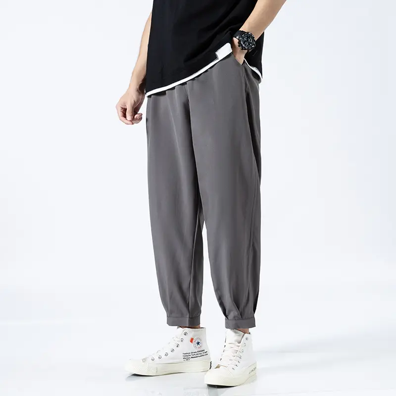 Ice Silk Summer Men's Ankle-length Pants Solid Loose Quick Dry Pants Mens Casual Elastic Lightweight Joggers Thin Business