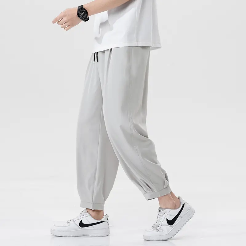 Ice Silk Summer Men's Ankle-length Pants Solid Loose Quick Dry Pants Mens Casual Elastic Lightweight Joggers Thin Business