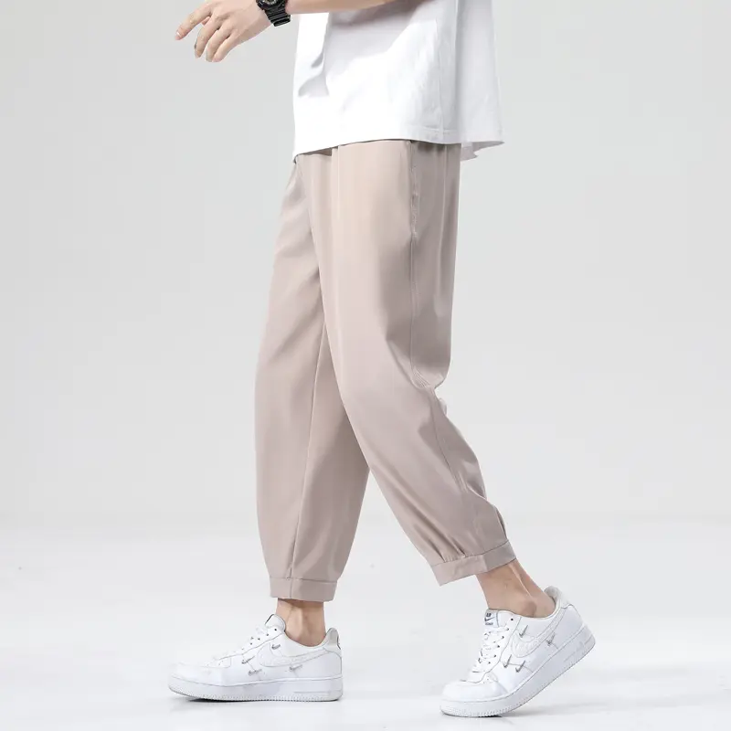 Ice Silk Summer Men's Ankle-length Pants Solid Loose Quick Dry Pants Mens Casual Elastic Lightweight Joggers Thin Business