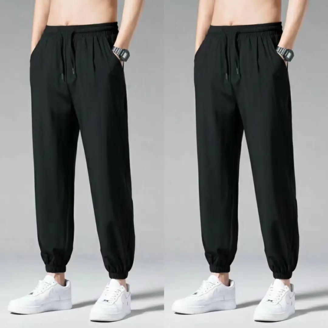 Men's Summer Thin Ice Silk Student Solid Color Straight Tube Loose Wide Leg Bundle Foot Casual Nine Point Pants Sports Men's Pan