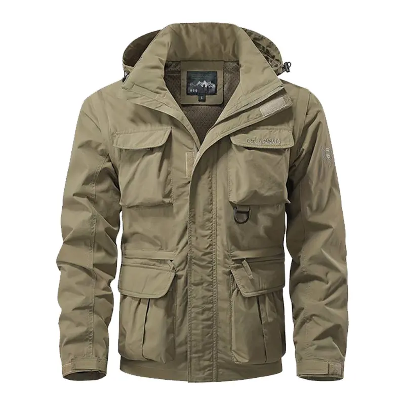 Detachable windproof hooded jacket, men's casual waterproof multi bag cargo jacket vest suitable for outdoor activities