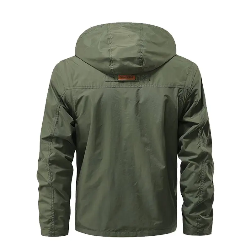 Detachable windproof hooded jacket, men's casual waterproof multi bag cargo jacket vest suitable for outdoor activities