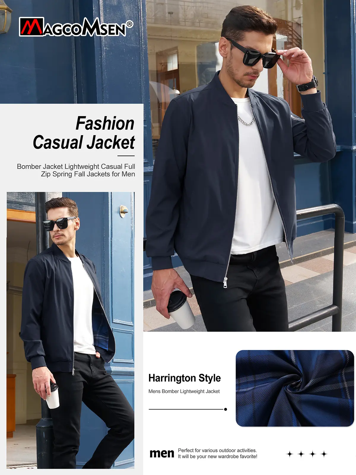 MAGCOMSEN Windproof Bomber Jacket Mens Lightweight Plaid Lined Casual Jacket Zip Up Flight Jacket WIndbreakers Spring Fall