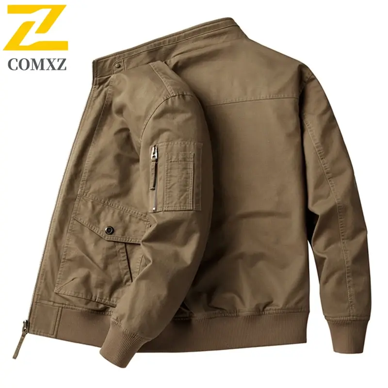 Men's Cotton Jacket 2024 Spring Autumn New Solid Color Casual Loose Multi-pocket Outdoor Travel Stand Collar Top Men's Work Coat