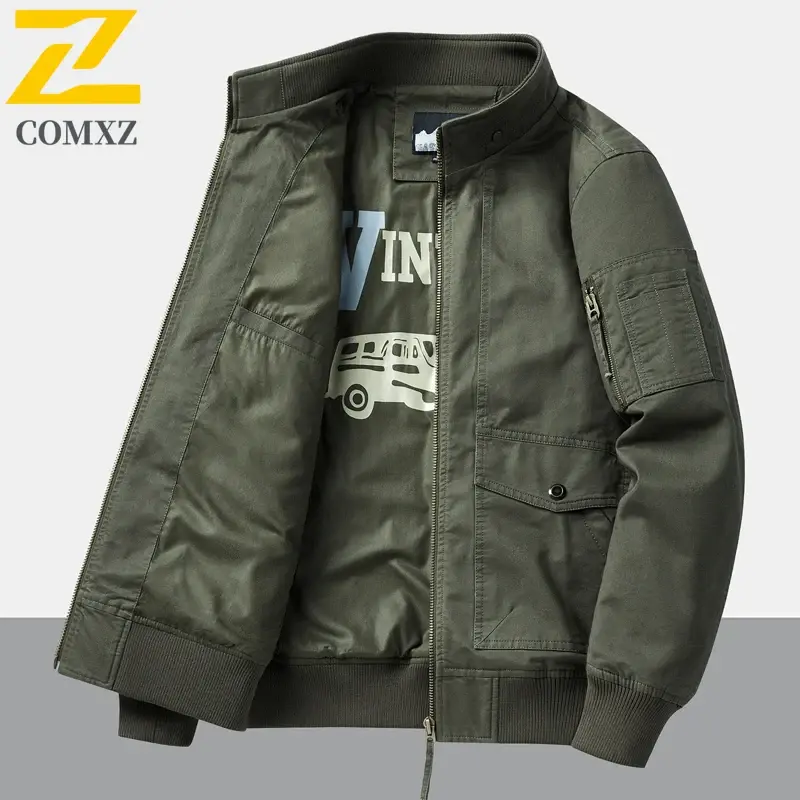 Men's Cotton Jacket 2024 Spring Autumn New Solid Color Casual Loose Multi-pocket Outdoor Travel Stand Collar Top Men's Work Coat