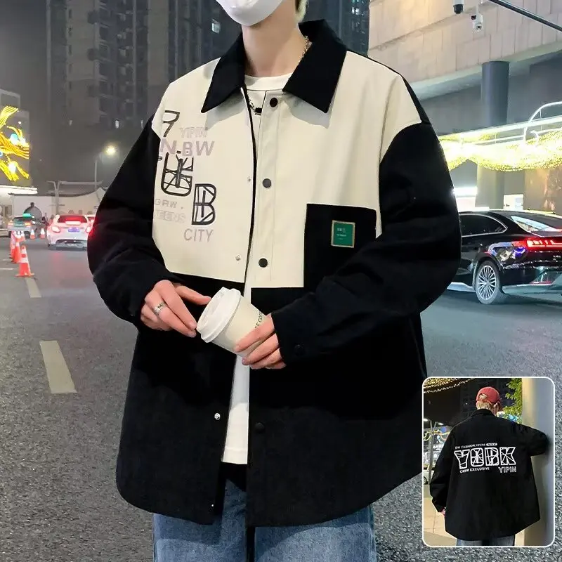 Men's spring and autumn new contrasting lapel jacket men's trendy brand loose casual workwear design sense