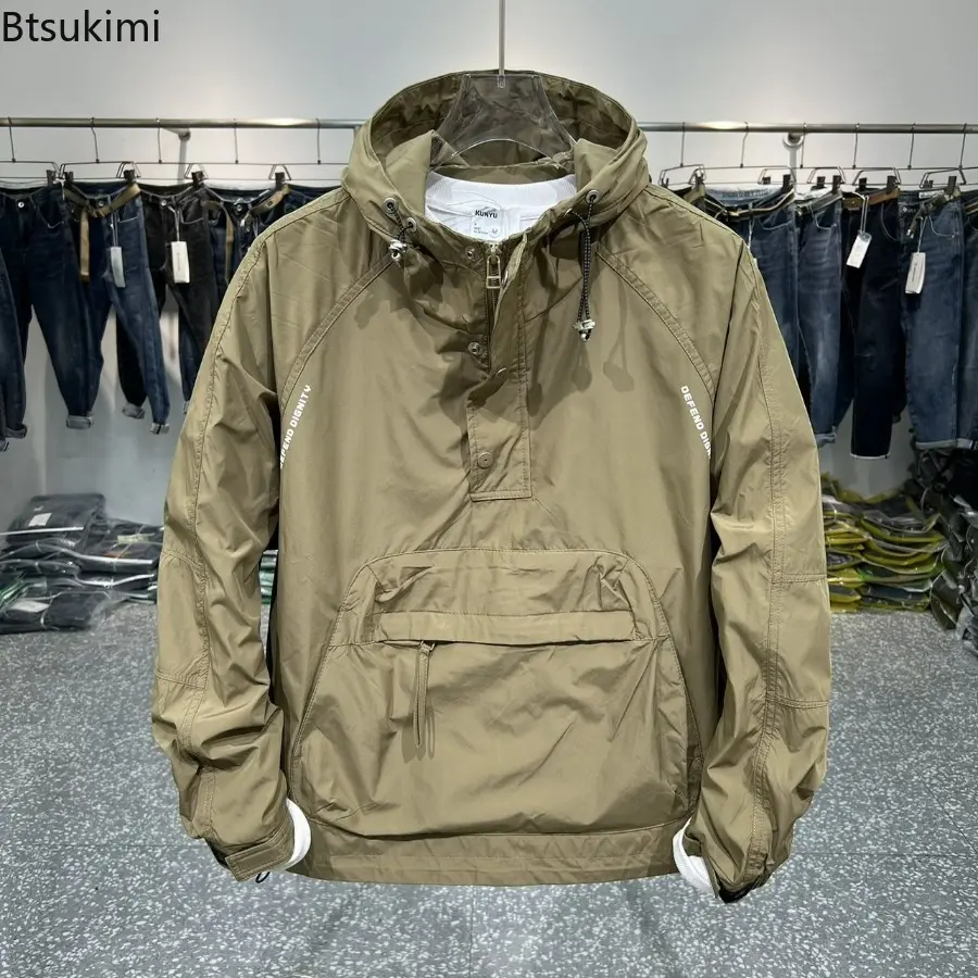 Korean Fashion Jackets for Men Zippered Jacket Hoded Men's Casual Street Multi Pocket Work Jacket Slim Fit Pilot Baseball Suit