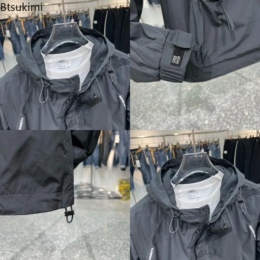 Korean Fashion Jackets for Men Zippered Jacket Hoded Men's Casual Street Multi Pocket Work Jacket Slim Fit Pilot Baseball Suit