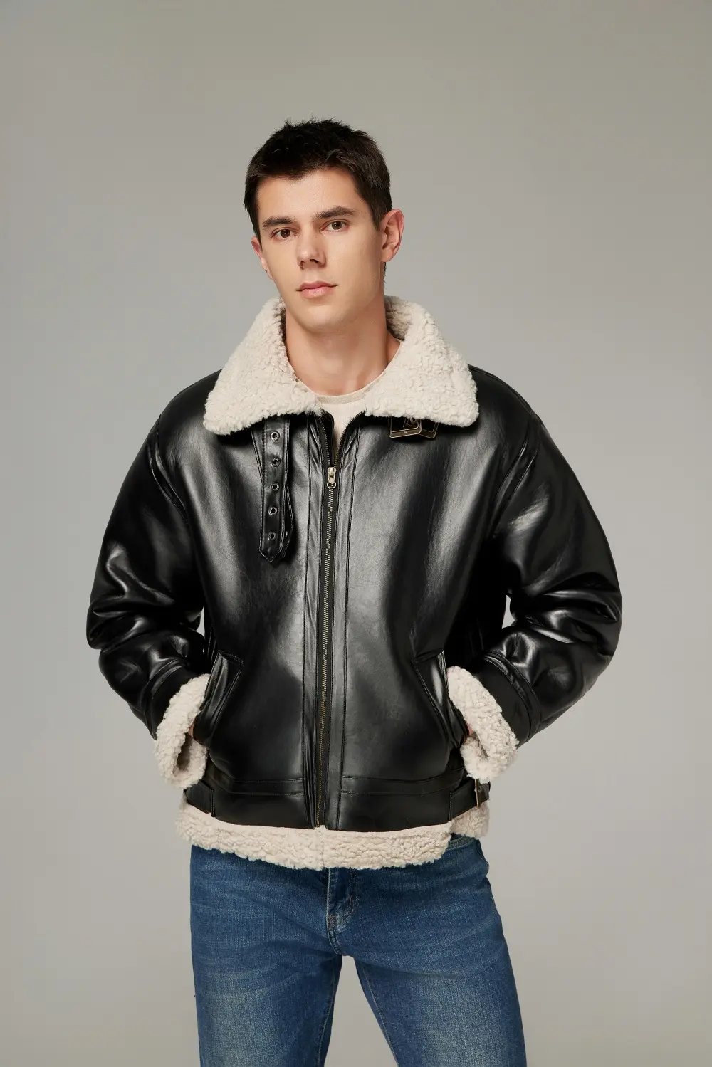 2025fw Vintage B3 pilot Shearling Leather Jacket aviator Flight Fur Winter Bomber Sheepskin Black PU Jacket for Men
